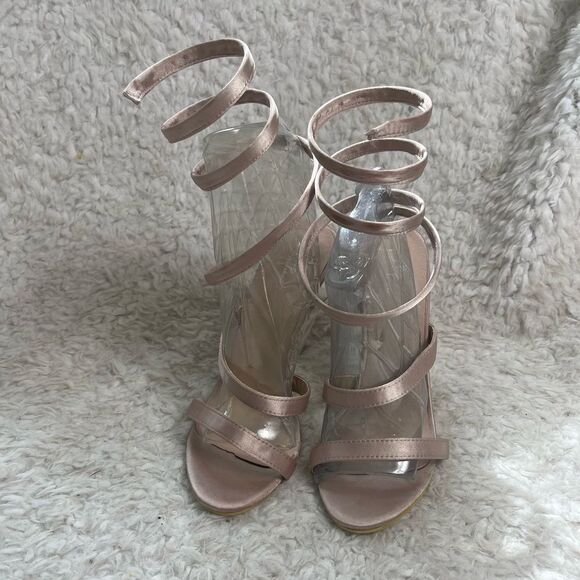 Rop show Champagne Satin Wrap Around Stilettos size 10 - Picture 1 of 6
